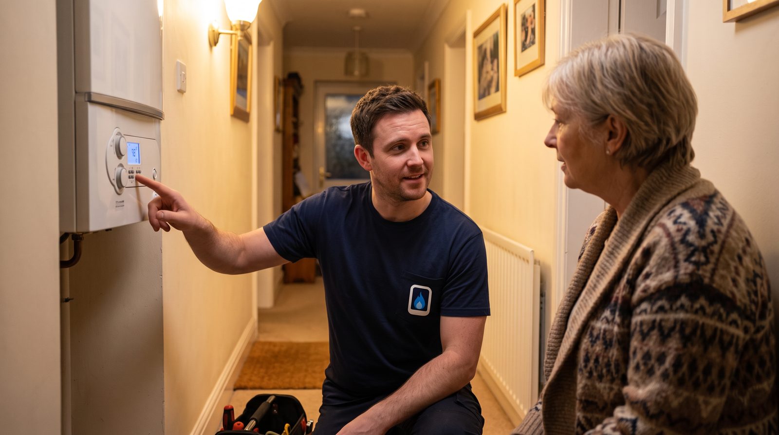 Heating engineer explaining a recommended boiler to a homeowner