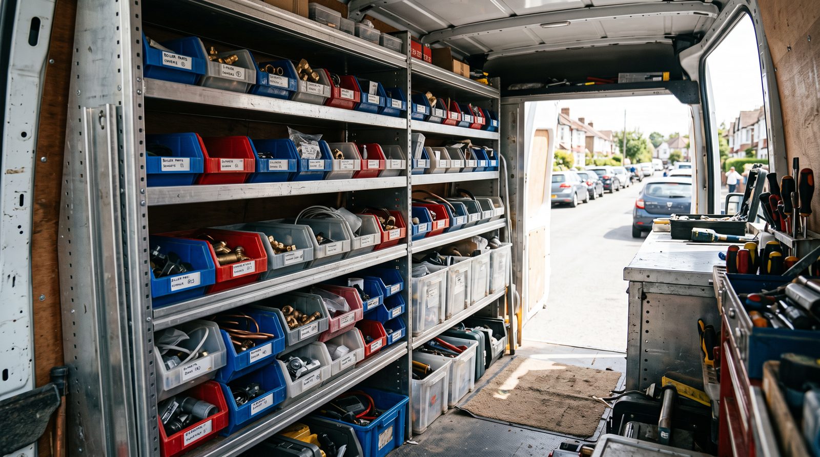Well-stocked engineer's van with boiler spares ready for same-day repairs