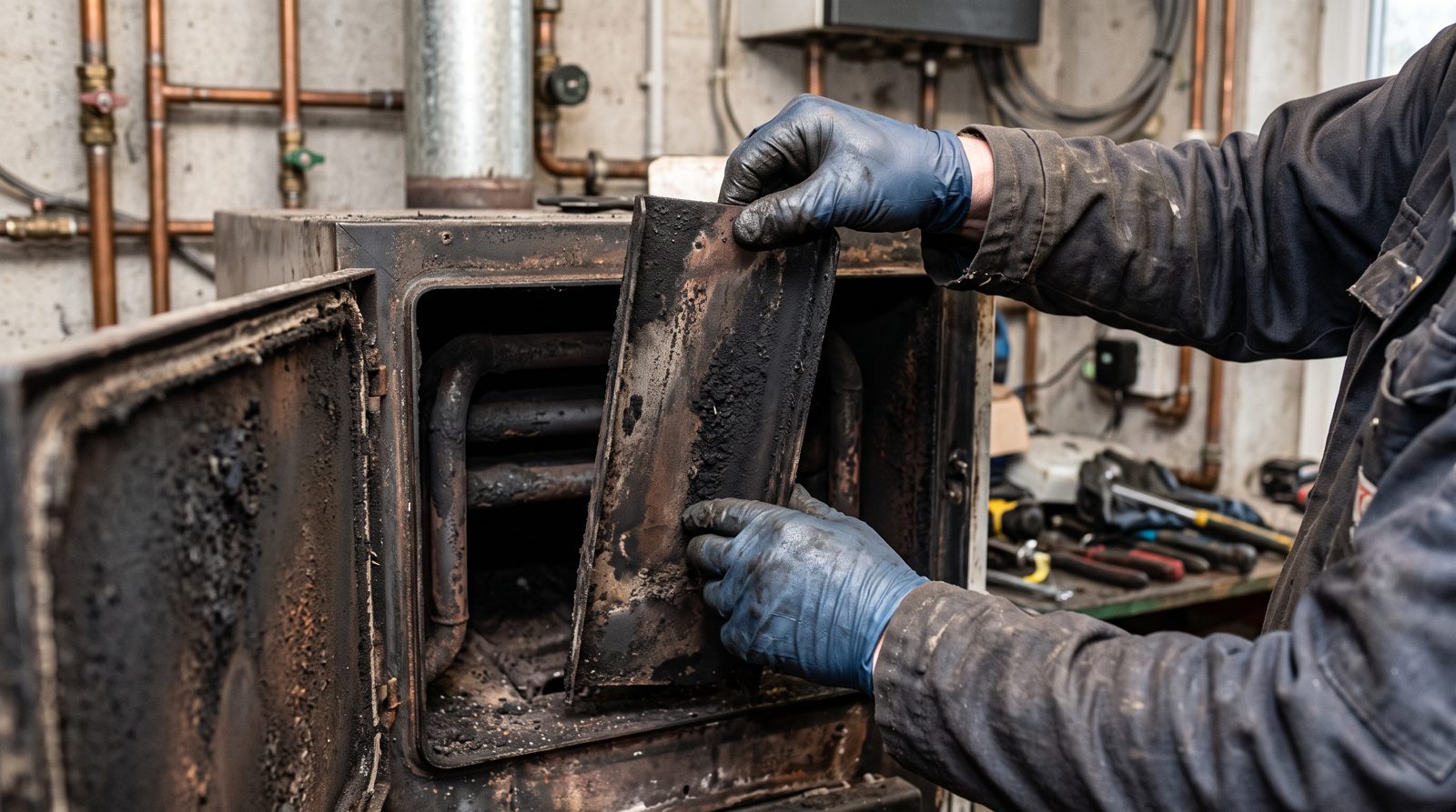 Removing sooted baffles from an oil boiler during a service