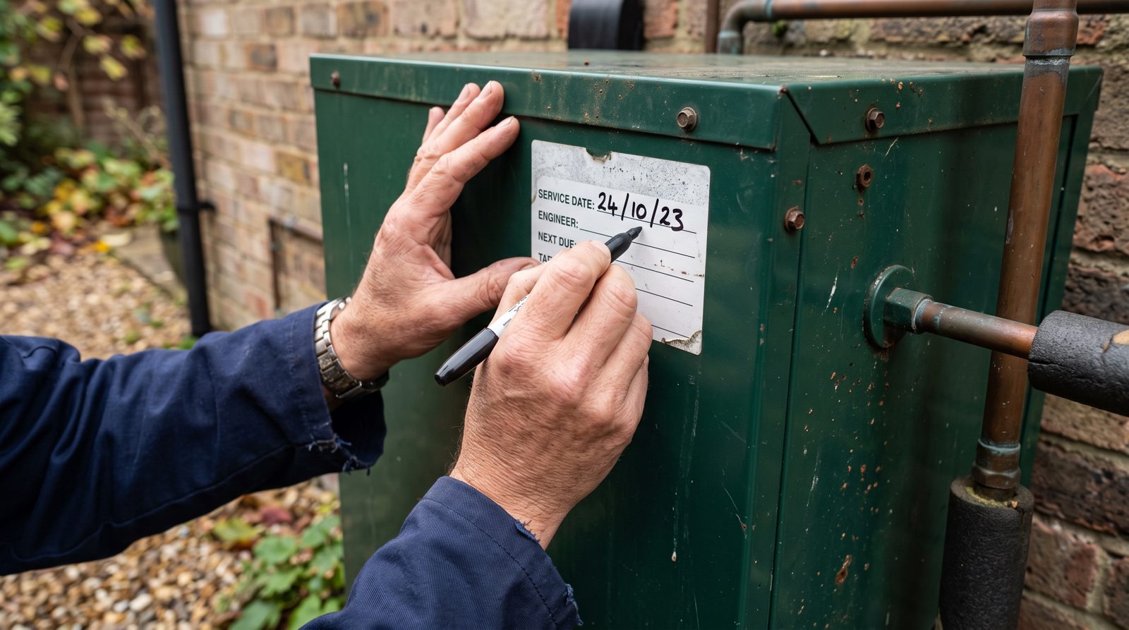 Service sticker being dated on an external oil boiler