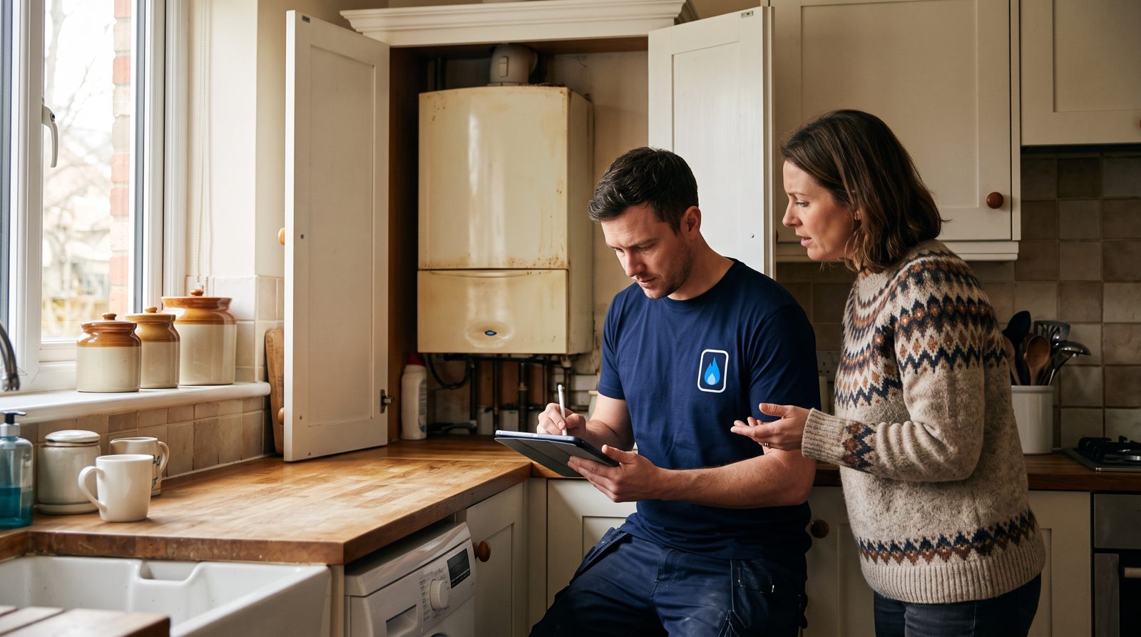 Heating engineer surveying an old boiler before a boiler installation