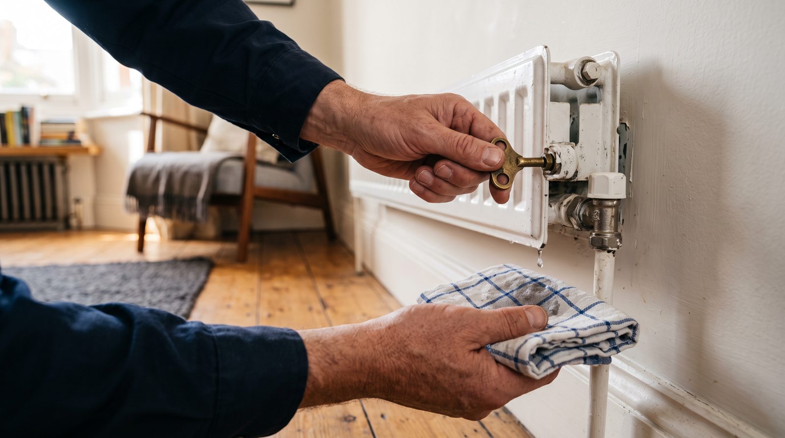Engineer bleeding a radiator after a new boiler installation