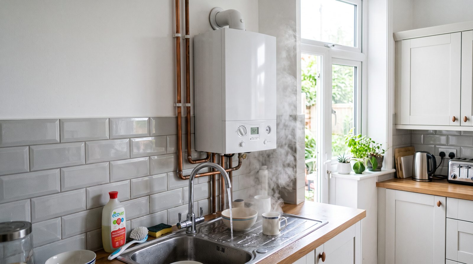 Combi boiler on a kitchen wall with a hot tap running below