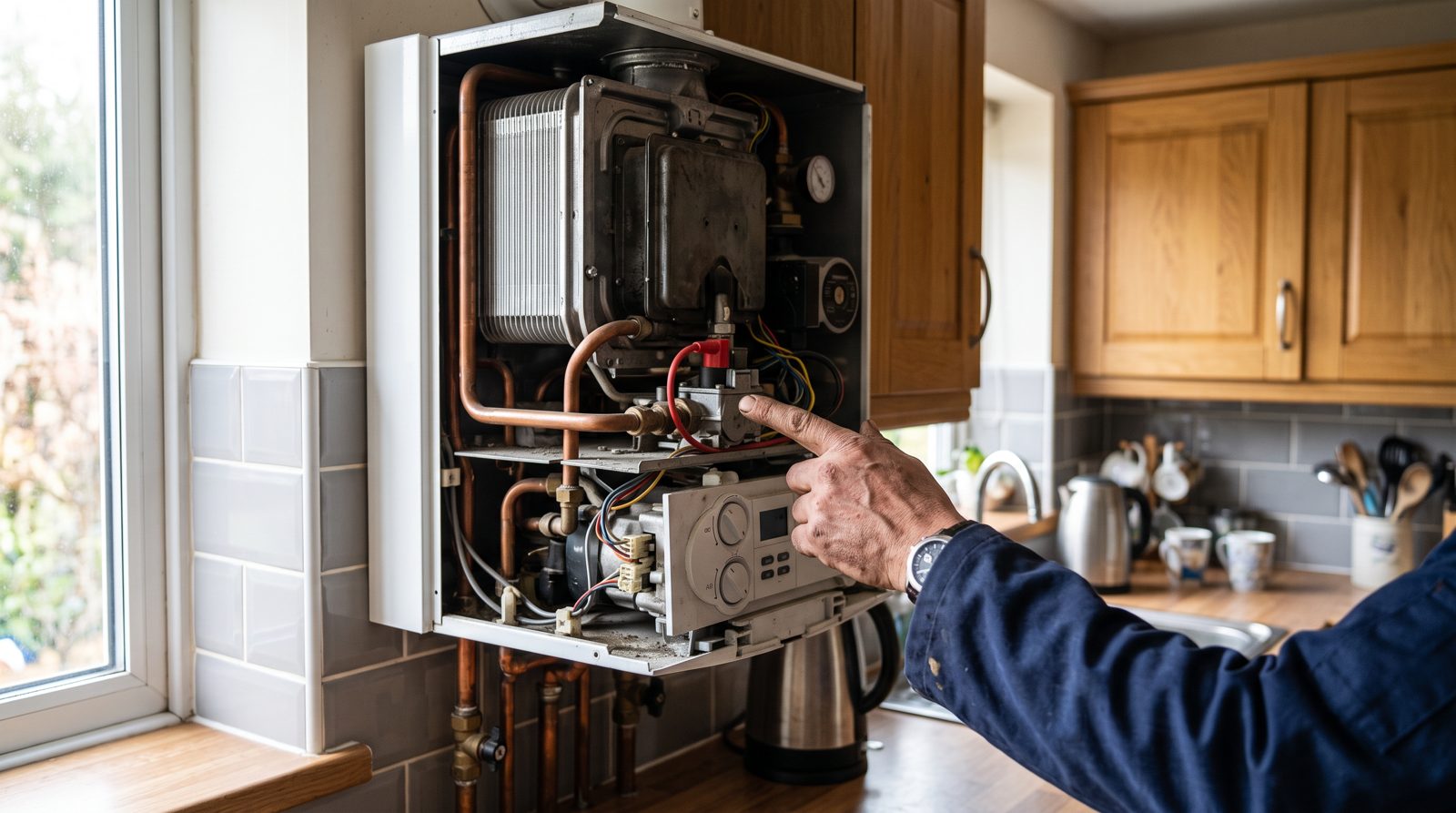 Engineer pointing out the components inside a combi boiler