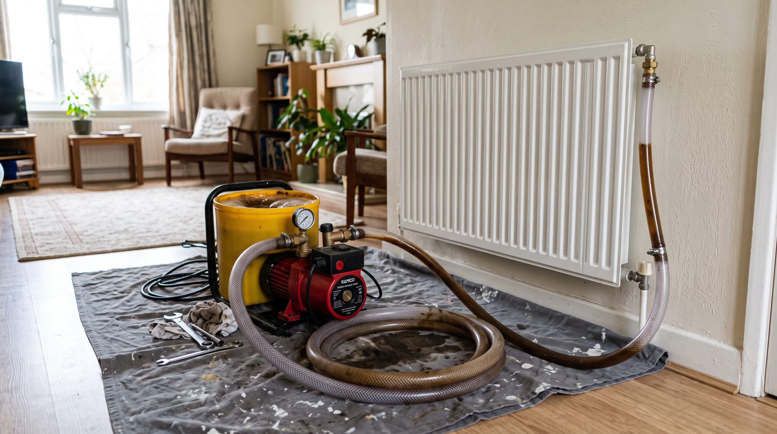 Power flushing machine connected to a central heating system