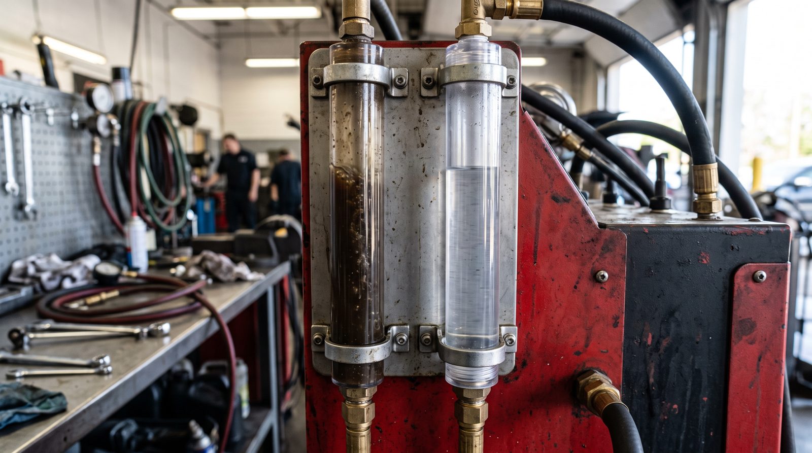 Dirty and clean water compared during a power flush