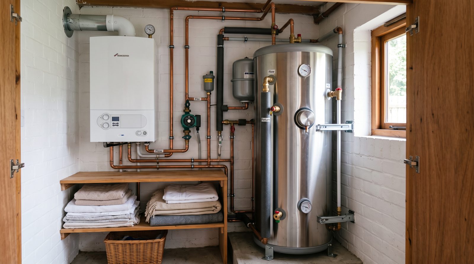 System boiler installed beside an unvented hot water cylinder