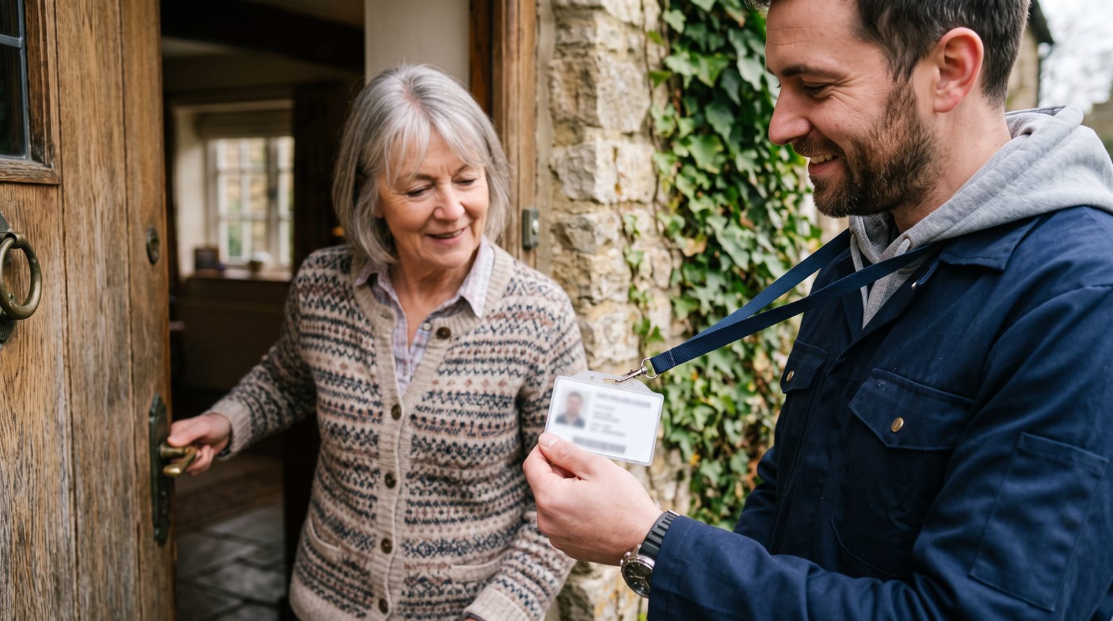 OFTEC registered engineer showing an ID card at a homeowner's door