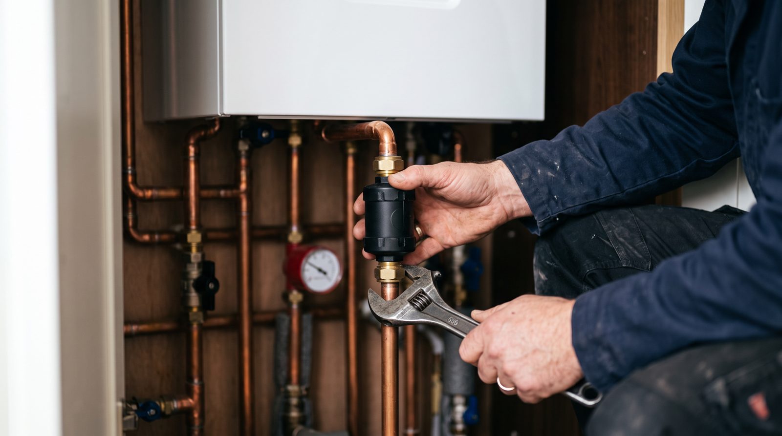 Magnetic system filter being fitted under a new boiler