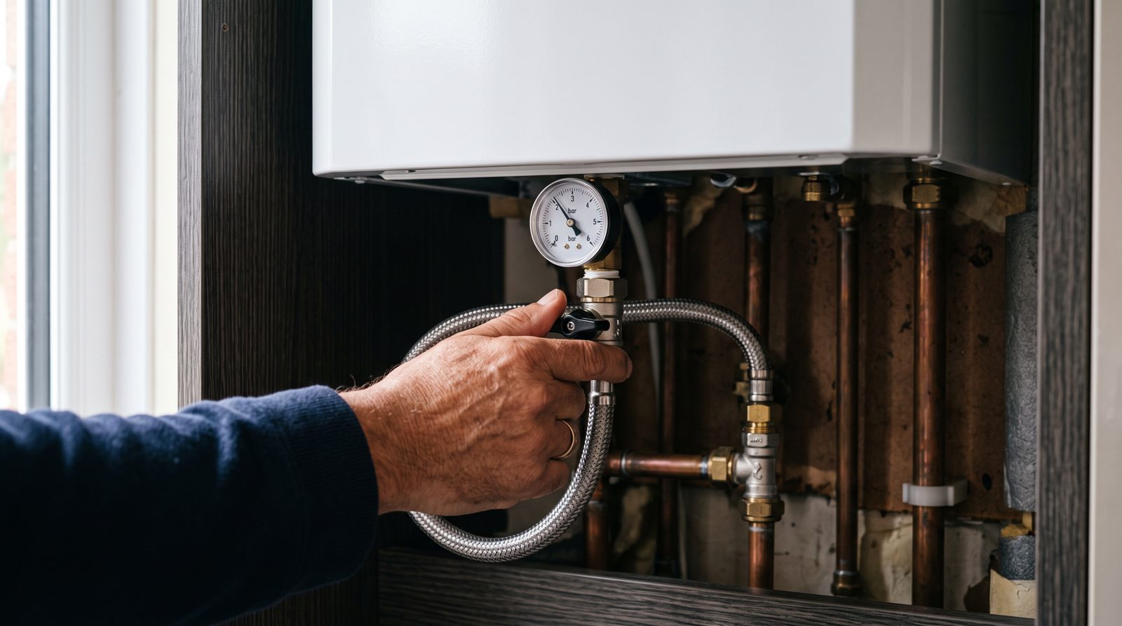 Topping up boiler pressure using the filling loop under the boiler