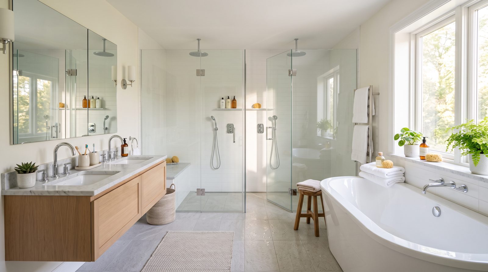 Family bathroom with two showers and a bath