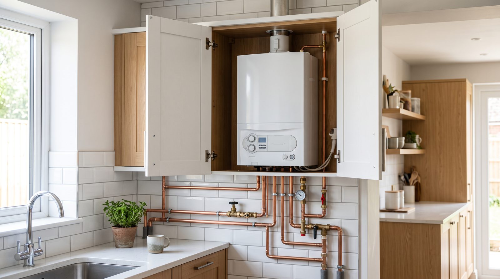 A boiler installed in a kitchen wall cupboard with the door open
