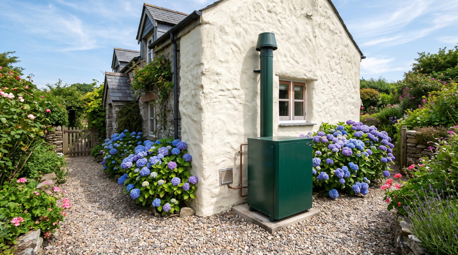 External boiler installed against an outside wall of a cottage