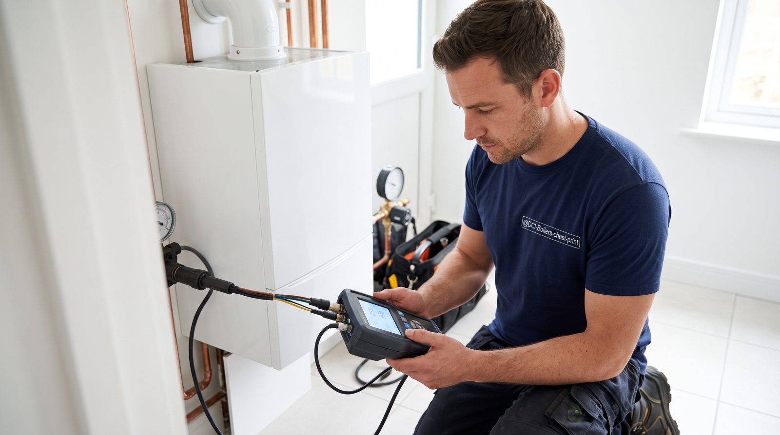 Engineer commissioning a new boiler with a flue gas analyser