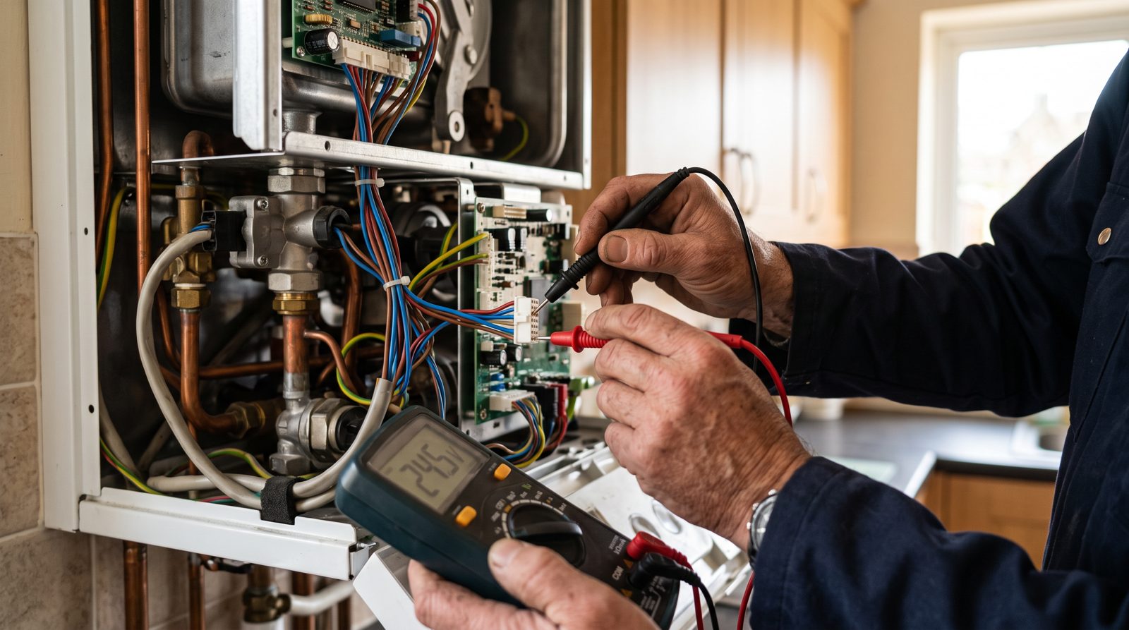 Engineer diagnosing a Worcester Bosch style boiler with a multimeter